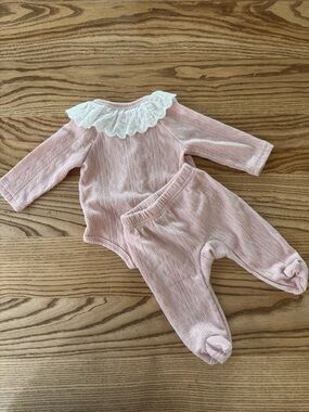 SHEIN Pink Cable-Knit Bodysuit and Footed Pants Set with Lace Collar